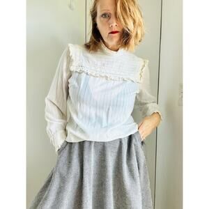 Vintage 80s Prairie Blouse Size Small Cream Crochet Collar/cuff Boho Cottagecore